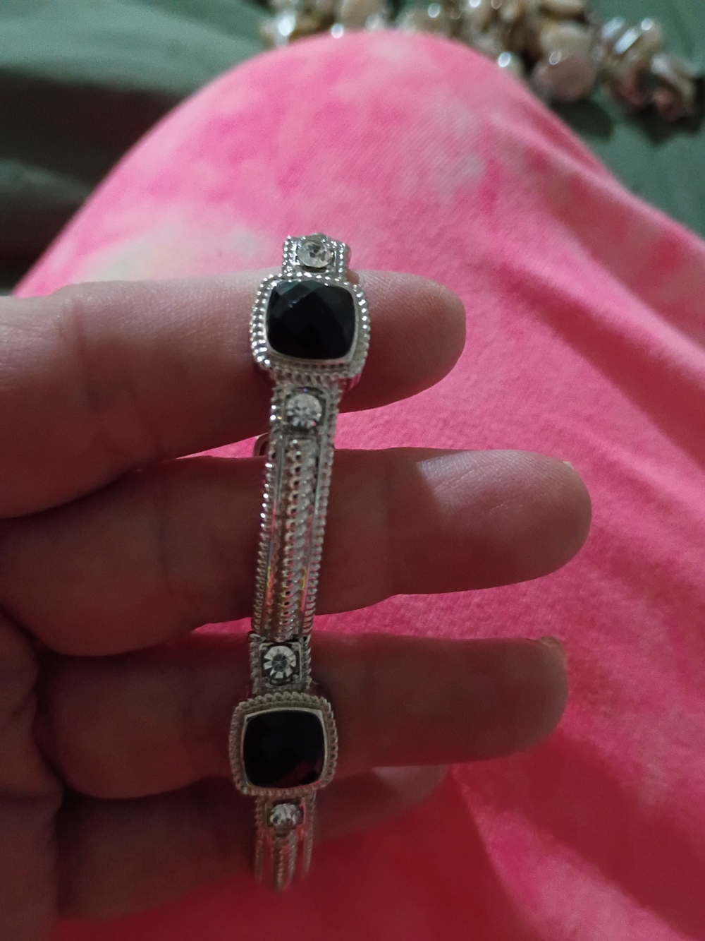 Silver Bracelet with Black Gemstone Accents